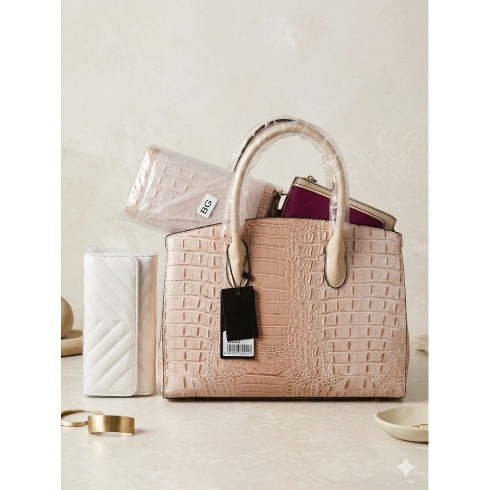 New Faux cream Croc Embossed Leather Padlock Satchel Handbag with zippy wallet